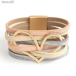 ALLYES Goud Kleur Metalen Hart Lederen Armbanden voor Vrouwen Charm Multilayer Brede Wrap Armband Vrouwelijke Sieraden Geschenken L230704