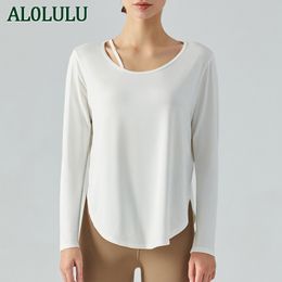 AL0LULU avec Logo dessus de Yoga femmes sport course exercice entraînement T-shirts mince ajusté à manches longues vêtements de Fitness fille blanc rose noir hauts d'entraînement vêtements de sport