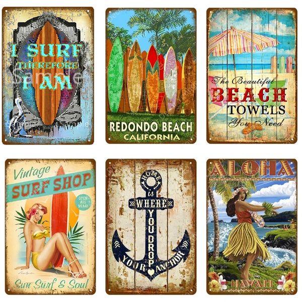 Aloha Beach art peinture Bar Tin Sign Plaque Summer Metal Plate Wall Decor for Beach House Surf Club personnalisé Décoratif Fer Peinture Taille 30X20cm w02