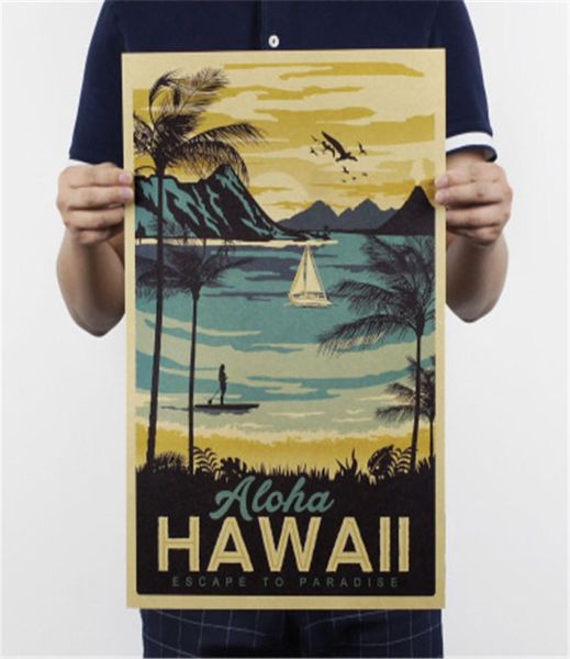 Aloha Hawaii célèbre paysage touristique peinture Kraft papier barre affiche Vintage peinture décorative autocollant mural 51x34 cm5852493
