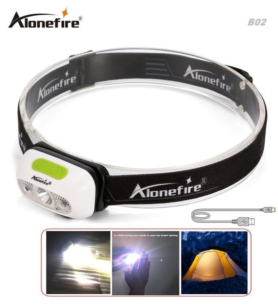 AloneFire B02 Lampe frontale à LED à induction Lampe frontale XP-G2 Lampe frontale USB Lampe frontale étanche Batterie au lithium intégrée Lanterne lumières7896139