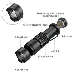 SK68 XPE Q5 LED lampes de poche 3 modes Portable Zoomable Mini lampe de poche torches Mise au point réglable stylo tactique clip flash Lampe de lumière
