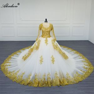 Alonlivn 100% Photos réelles beauté robe de mariée col rond robe de mariée avec perles strass perles broderie dorée dentelle manches longues robes de mariée