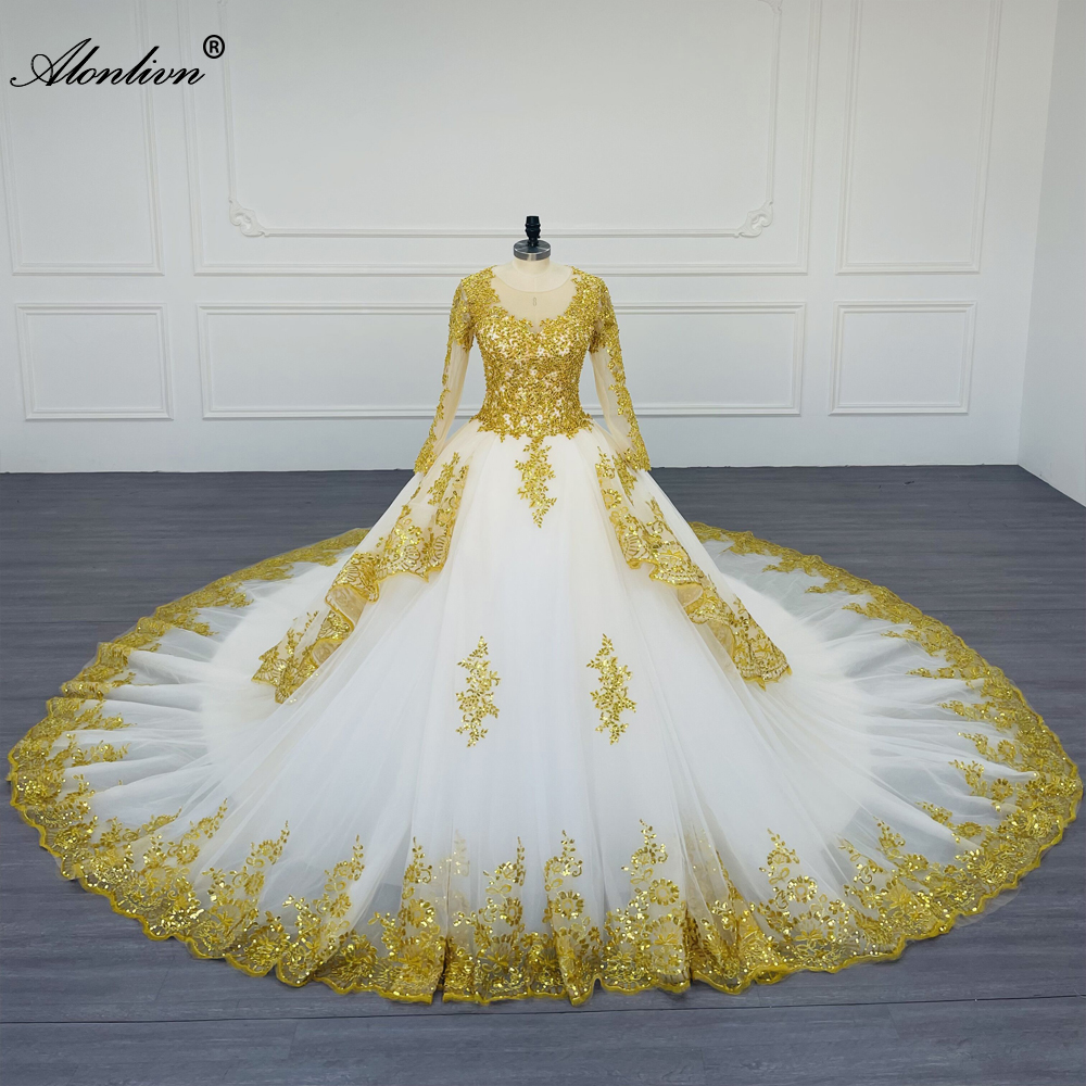 Alonlivn 100 % echte Fotos Beauty O-Ausschnitt Ballkleid Brautkleid mit Perlen Strasssteinen Perlen Goldene Stickerei Spitze Volle Ärmel Brautkleider