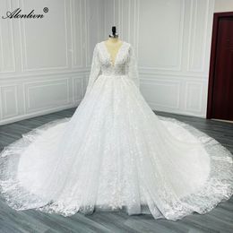 Alonlivn classique imprimé fleuri manches longues col en v a-ligne robe de mariée enchanteur broderie dentelle Royal Train robes de mariée