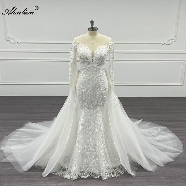 Alonlivn elegante vestido de novia de sirena con tren desmontable 2 en 1 vestidos de novia bordados con cuentas de tul