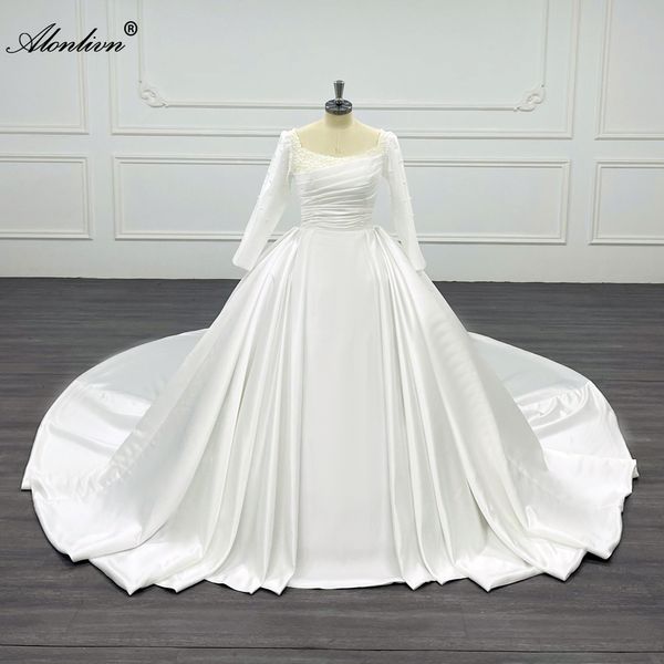 Alonlivn brillant Satin princesse robe de bal robes de mariée perle perles col carré manches longues blanc ivoire robes de mariée