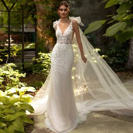 Alonlivn robe de mariée sirène en dentelle brillante, col en v profond, avec perles, Appliques 3D, dos nu, sans manches, trompette