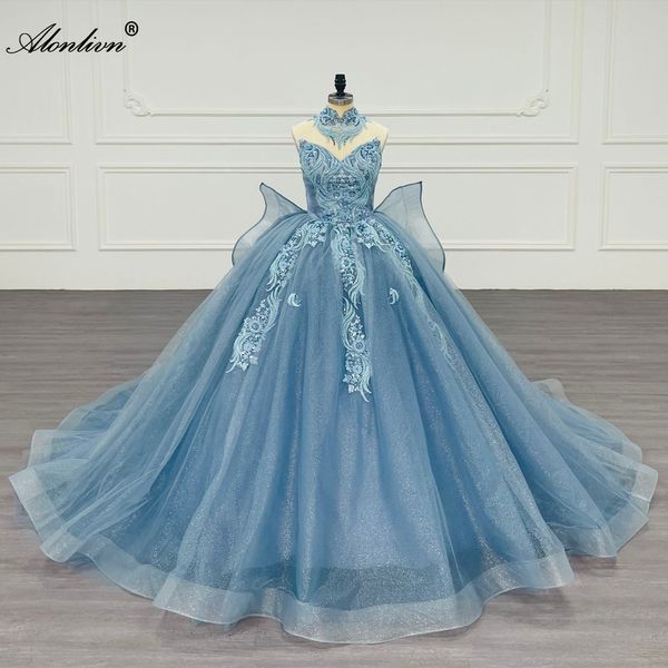 Alonlivn Superbe Tulle Hors Épaule Robe De Bal Robe De Mariée Élégance Perlée Broderie Dentelle Chérie Princesse Robes De Mariée Avec Arc