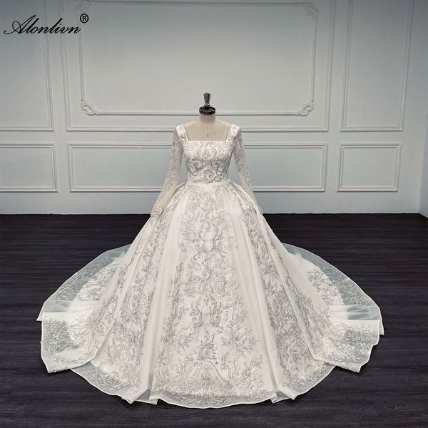 Alonlivn100% Photos réelles luxe col carré une ligne robe de mariée avec perles strass perles broderie dentelle manches longues robes de mariée