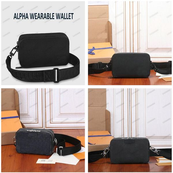 Alpha Wearable Wallet Sac à bandoulière Monograms Grained Calf Black Leather Men Designer CorssBody Damier Graphite canvas Men's Mini Flap