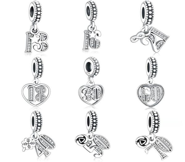 Alphabet chiffres 13 16 18 21 30 40 50 60 70 perle authentique 925 argent adapté à la fabrication de bracelets à breloques originaux Berloque23659214054238