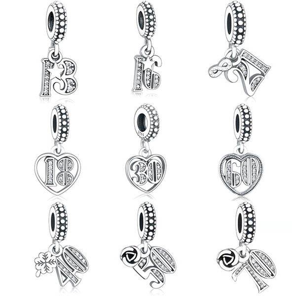 Numéros de l'alphabet 13 16 18 21 30 40 50 60 70 Perle Authentique Argent 925 Fit Original Pandora Charm Bracelet Making Berloque315d