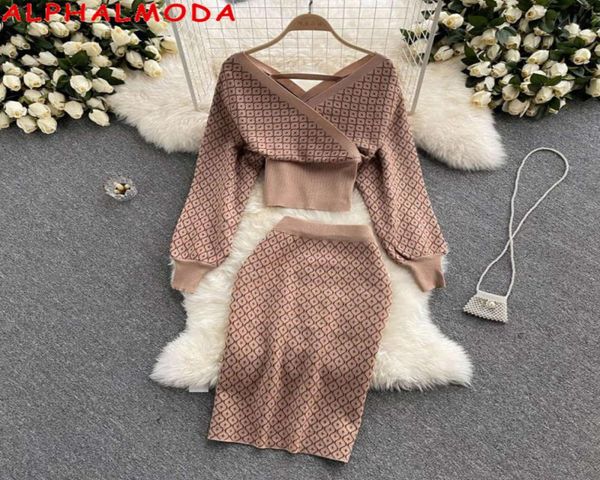 Alphalmoda nuevo suéter de falda 2pcs set mujeres de manga larga de otoño envoltura de cadera damas elegante 4303721