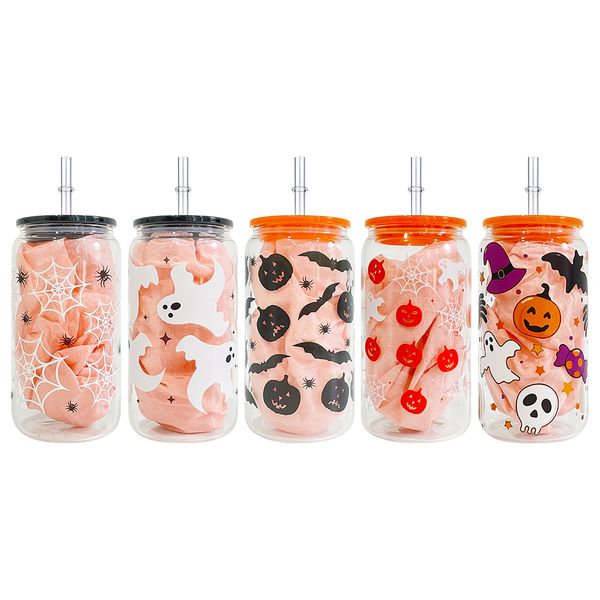 Déjà imprimé avec le motif conçu Noir orange 16oz Conception d'Halloween Canette de bière en verre à impression UV tactile 3D avec couvercle en plastique et paille en PP transparente Prête à être expédiée