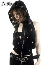 AltGoth Streetwear gótico chaleco oscuro mujeres Harajuku Y2k E-girl Cyberpunk Cross con capucha Crop Tank Top Emo Alt Grunge trajes femeninos 240313