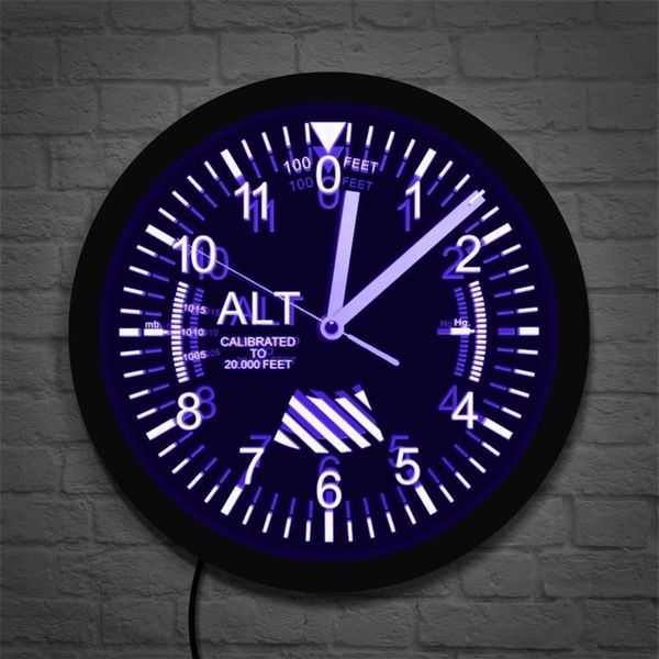 Alttimeter Neon Sign LED Reloj de pared Medidor de altitud Piloto Air avión Medición de altitud de altitud Moderna pared Reloj Gag regalo Y290K