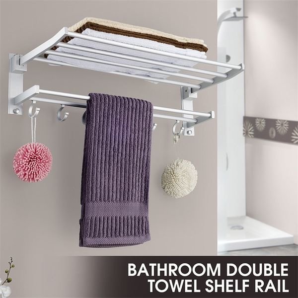 Alumimum Baño plegable Toallero Soporte de almacenamiento Percha Cocina Hotel Toalla Ropa Estante con 5 ganchos Y200407