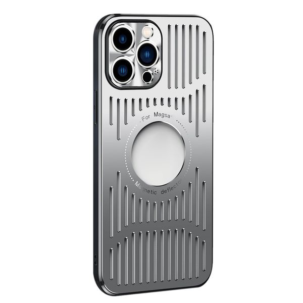 Étuis de téléphone en métal en alliage d'aluminium Dissipation thermique magnétique Creux avec découpe de trou de logo pour iPhone 13 12 Pro Max Couverture arrière Antichoc Anti-chute Résistant à l'usure