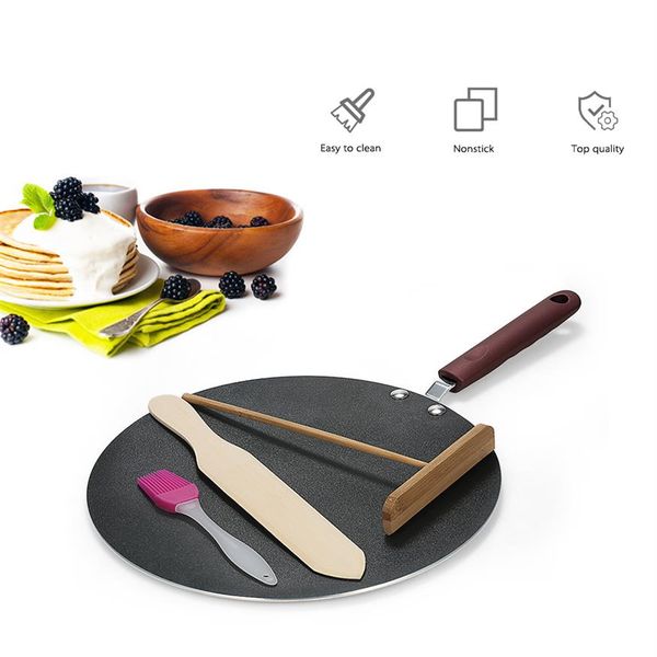 Aleación de aluminio Pancake Pan Crepe Maker Sartén plana Plancha con esparcidor Espátula Crepe Maker Plancha Herramienta de cocina CJ191227252O