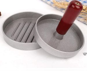 Aluminum Alloy Round Shape Hamburger Press Kitchen Tool Wooden Handle Non-Stick Burger Maker Hamburgers Mold Meat Beef BBQ Grill RRF12710