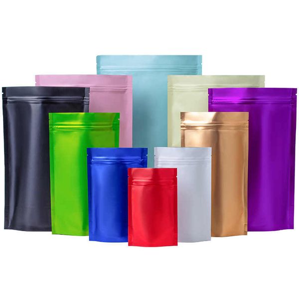 Papel de aluminio Mate Mylar Stand Up Bolsas de embalaje Bolsa autosellante con cremallera colorida para supermercado Bocadillos de alimentos Frutas secas Café Hierbas secas Tabaco Almacenamiento de dulces