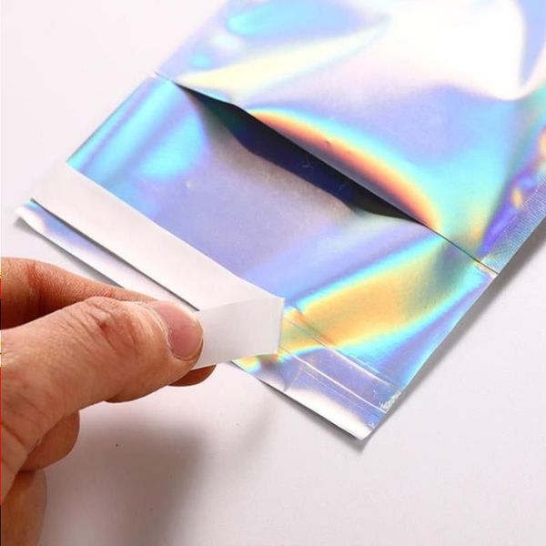 Bolsa autoadhesiva de papel de aluminio para venta al por menor, bolsa de papel de aluminio para ropa, embalaje de comestibles, bolsas exprés con color holográfico fgn Uedle