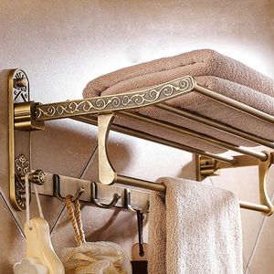 Porte-serviettes de bain pliable en aluminium et laiton Antique, support de salle de bain actif, Double étagère avec crochets, accessoires 240304