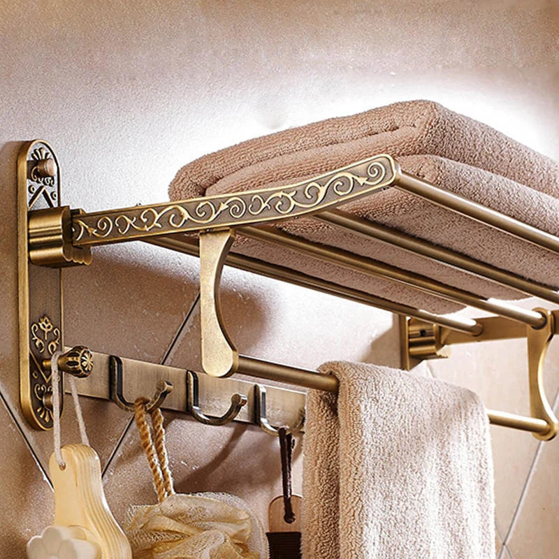 Aluminum Foldable Antique Brass Bath Towel Rack Active Bathroom Holder Double Shelf With Hooks Accessories 240304