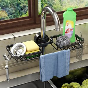 Rejilla para escurrir para fregadero de cocina de aluminio, estante de almacenamiento ajustable, escurridor de platos y jabón, soporte para grifo, almacenamiento de ducha de baño con ganchos