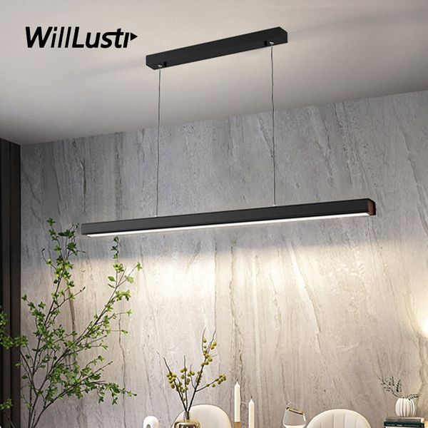 Lampe LED suspendue en aluminium, longue barre en fer, luminaire décoratif de plafond, idéal pour un bureau, un hôtel ou un comptoir, en acrylique ou en bois