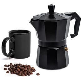 Cafetera Moka de aluminio de 300ml, auténtica cafetera Espresso italiana para estufa, hogar, exterior, cafetera negra y roja