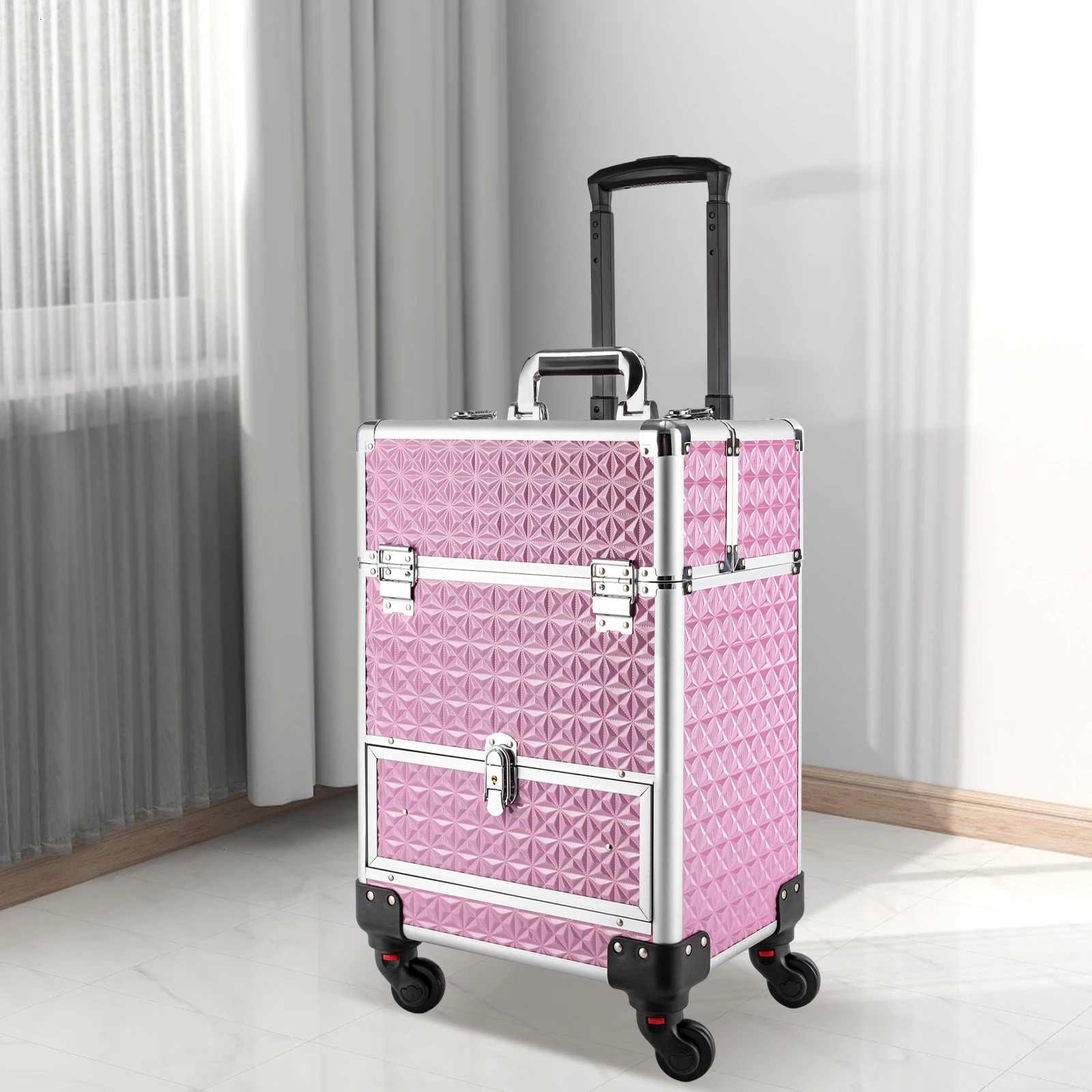 Aluminium Rolling Make -up Train Case Pink Travel Beauty Gepäck Trolley W4 Universal Räder 1 Schubladen 240416