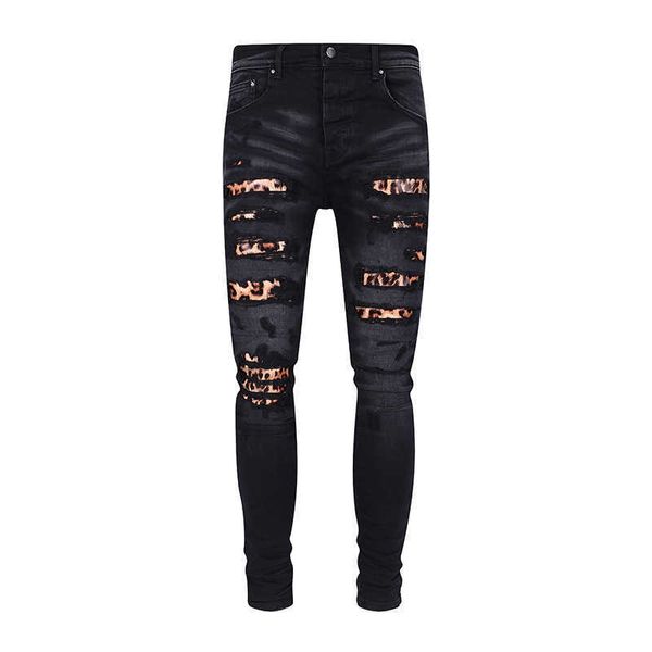 Am noir bleu moelleux imprimé léopard Patchwork jean hommes coupe ajustée petits pieds haute rue pantalon lavé élastique Slp