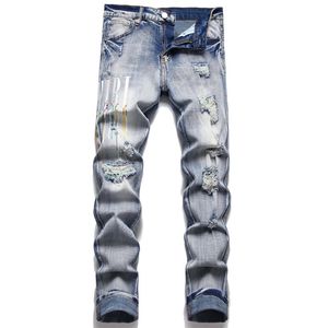 AM Designer Amerikaanse blauwe letterprint High Street gescheurde slanke pasvorm Distressed trendy mode jeans denim broek