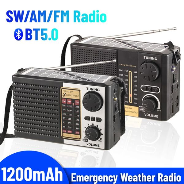 AM FM SW Radio météo d'urgence Radio solaire alimenté par batterie Bluetooth 5.0 Radio solaire Portable pour le Camping en plein air 240102