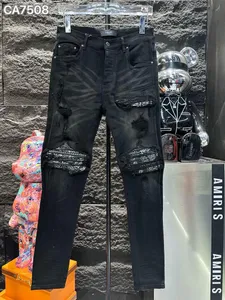 am ir Hoge kwaliteit Heren jeans Distressed Motorcycle biker jean Rock Skinny Slim Gescheurde gatstreep Modieuze slangenborduurwerk Denim broek