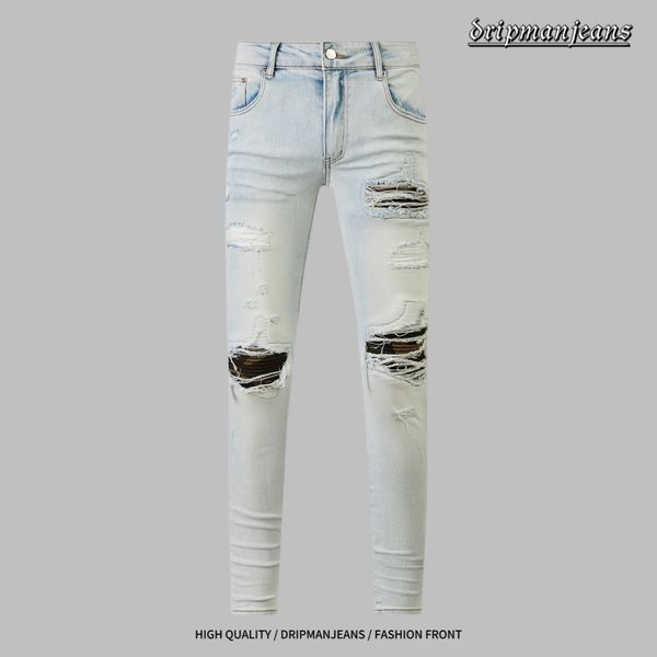 AM jeans jeans de diseñador jeans elásticos delgados para hombre street hip-hop pantalones rasgados con parches pantalones de motocicleta celebridad de Internet modelo caliente 24 nuevos pantalones de taladro pantalones de goteo