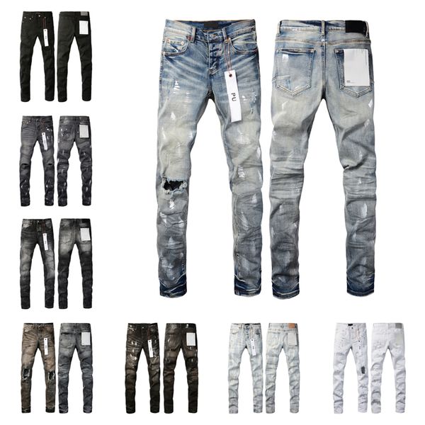 Pantalones vaqueros morados para hombre Diseñador de moda Bikers rasgados desgastados para mujer Ripped High Street Brand Patch Hole Denim cargo para hombres Pantalones negros 29-40