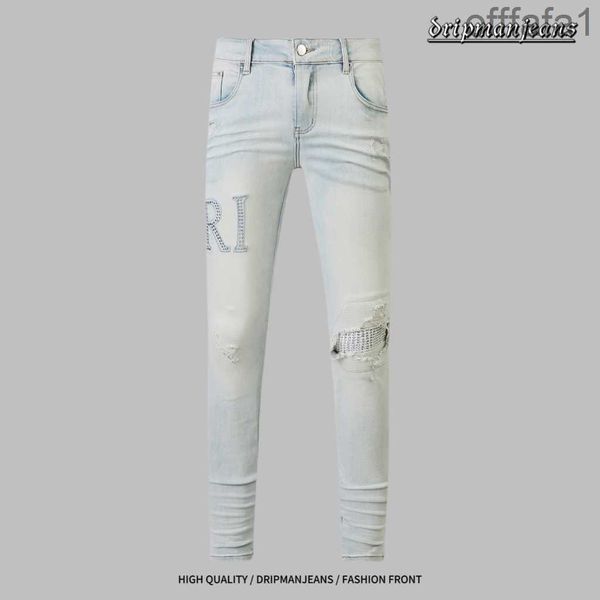 AM Jeans Diseñador de moda de moda Stretch Fit Rap Rap Street Hiphop Patch Pathing Pants Motorcycle Drip Skinny BJQ1