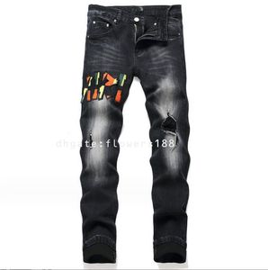 Am Men's Jeans 2024 Nouvelle rue Street Black Hole brodé Badge Small Foot Stretch Men's Mid-Rise Jeans Jeans denim tendance pour femmes jeans de denim Miri