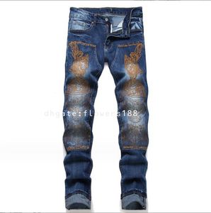 Am Men's Jeans 2024 Nouvelle rue Street Blue Stitching Broidered Badge Small Foot Stretch's Mid-Rise Jeans Trendy Miri Jeans Pantalon