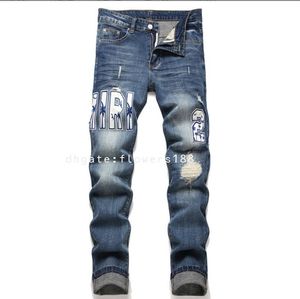 Am heren jeans blauwe gat patch geborduurde badge potloodbroek stretch heren midden-rise jeans trendy gesneden jeans dames cutout jeans schade jeans schade