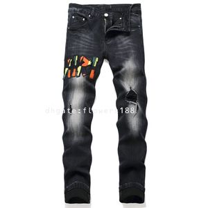 Am Men's Jeans New Street Black Hole brodé Pantalon de crayon Badge Stretch's Mid-Rise Jeans Trendy Checkered Jeans Enfants Jeans Miri Jeans