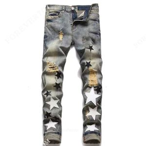 Am Mens Jeans 2024 European and American Mens Designer Ripped Jeans Hip-Hop High Street Fashion Brand Motorcycle de moto