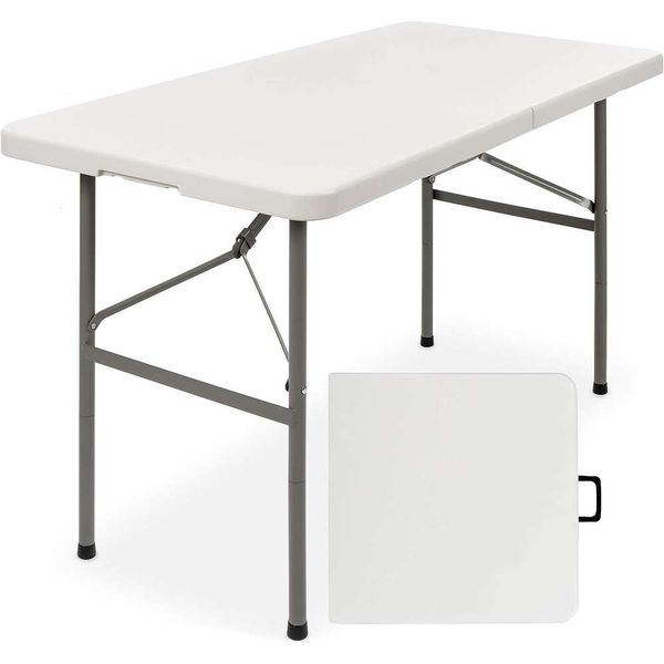 AM the America Store - Mesa plegable de plástico, resistente portátil para interior y exterior con asa, cerradura para picnic, fiesta, camping (4 pies, blanco)