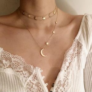 Amaiyllis 18k Gold Double Layer Clavicle Necklace Hangers Maan Ster Gouden Choker Kettingen Voor Vrouwen Zomer Jeugde