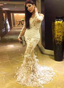 Amal Alawadhi Saoedi-Arabische veer avondjurken 2016 ivoor prom dresses appliques illusie bodice oosters sexy Arabische Turkse feestjurken
