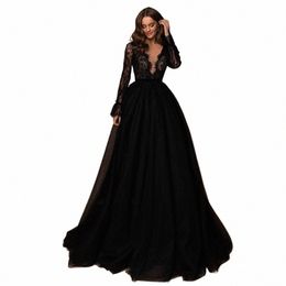 Amanda Gothic Black LG Sleeve prom Dr sexy kant a-line feest Dr. Shiny Ball Gown Evening Dr V-Neck Christmas K72B#