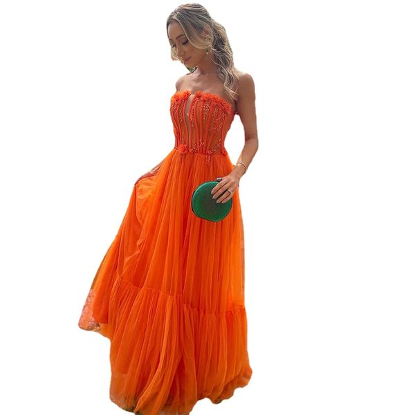 Amanda Orange arabe femmes formelle robe de bal Sexy sans bretelles robe de bal à la main fleur robe de soirée multicouche